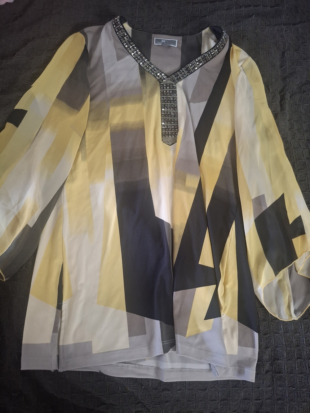 JM Collection Yellow Black Gray Geometric Beaded V-Neck Blouse
